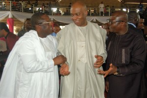 L-R: Governor David Umahi of Ebonyi State; President of the Senate Bukola Saraki and Senator Obinna Ogba at a thanksgiving service by Senator Ogba at CKC, Nkalagu in Ebonyi State on Sunday