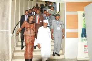 L-R: Finance Minister, Mrs. Kemi Adeosun; Comptroller General of Customs, Col Hammed Alli (retd) and some customs official during the inspection of Customs facilities at the Nnamdi Azikiwe Airport Abuja, on Friday