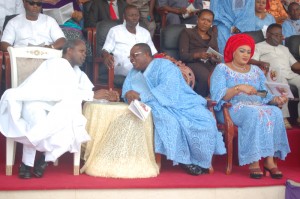 L-R: Governor David Umahi of Ebonyi (centre); Vice President, Prof. Yemi Osinbajo (left); and wife of Ebonyi State Governor, Rachel Umahi, during a Thanksgiving Service in honour of the mother of the governor in Uburu on Sunday. Photo: EBSG
