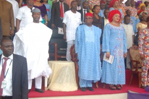L-R: Governor David Umahi of Ebonyi (centre); Vice President, Prof. Yemi Osinbajo (left); and wife of Ebonyi State Governor, Rachel Umahi, during a Thanksgiving Service in honour of the mother of the governor in Uburu on Sunday. Photo: EBSG