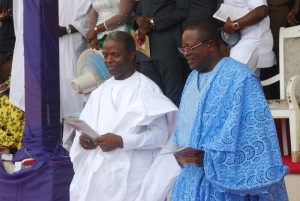 Governor David Umahi of Ebonyi and Vice President, Prof. Yemi Osinbajo, during a Thanksgiving Service in honour of the mother of the governor in Uburu on Sunday. Photo: EBSG