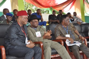 Ebonyi State Governor, Engr. David Umahi (middle); Deputy Governor Kelechi Igwe (left); and Sen. Dr. Sam O. Egwu, at the PDP State Congress at Abakaliki Township Stadium on Tuesday. Photo: EBSG