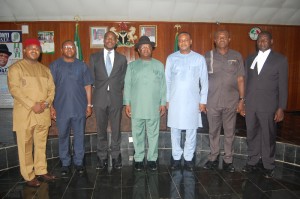 Ebonyi State Governor, Engr. David Umahi (middle); Commissioner for Agriculture, Barr. Uchenna Orji (left); SA to the Governor on Donor, Grants and Partnerships, Chidiebere Ibe; MD/CEO, Union Dicon Salt PLC, Mr. Chuka Mordi ; Deputy Governor Kelechi Igwe; Head of Service, Dr. Chamberlain Nwele; and Commissioner for Justice and Attorney General, Rt. Hon. Augustine Nwankwegu, during a courtesy visit by Union Dicon Salt MD to the Governor in Abakaliki on Monday. Photo: EBSG 