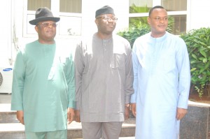 L-R: Ebonyi State Governor, Engr. David Umahi; Minister of Solid Minerals Development, Dr. Kayode Fayemi; and Ebonyi State Deputy Governor Kelechi Igwe, during the minister's working visit to Ebonyi State on Monday. Photo: EBSG 