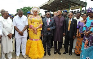 Ebonyi State Governor, Engr. David Umahi (4th left); his wife, Rachel (3rd left); Chairman, Divine Mandate Campaign Organisation, Engr. Fidelis Nwankwo (left); Secretary to Ebonyi State Government, Prof. Benard Odoh; Deputy Governor Kelechi Igwe (5th right); Former Nigerian Ambassador to Greece, Amb. Franklin Ogbuewu; Former Governor of Ebonyi State, Sen. Sam Egwu and wife, Ukamaka; and wife of the Speaker, Ebonyi State House of Assembly, Mrs. Uzoamaka Nwifuru, during the 2016 Democracy Day Celebration and one anniversary of the Umahi administration at the Abakaliki Township Stadium on Sunday. Photo: EBSG