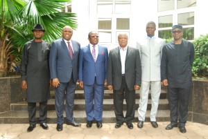 Ebonyi State Governor, Engr. David Umahi (3rd left); Ebonyi State PDP Chairman, Barr. Onyekachi Nwebonyi; President and Chairman of Board, African Export Import Bank, Cairo- Egypt, Dr. Benedict Oramah; Chairman, NIGERCEM and Ibeto Group, Chief Cletus Ibeto; Speaker, Ebonyi State House of Assembly, Francis Nwifuru; and Executive Director/ Chief Executive Officer, Nigeria Export Promotion Council, Mr. Olusegun Awolowo, during a courtesy call on Governor Umahi  in Abakaliki on ..Friday. Photo: EBSG