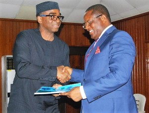 Ebonyi State Governor, Engr. David Umahi (right) and Executive Director/ Chief Executive Officer, Nigeria Export Promotion Council, Mr. Olusegun Awolowo, during a courtesy call on the governor in Abakaliki on Friday. Photo: EBSG