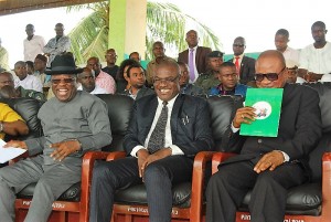 L-R: Governor of Ebonyi State,Engr. David Nweze Umahi;   Head of Service, Dr. Chamberlain Nwele  former Nigerian Ambassador to Greece, Francis Ogbuewu, during   an Agricultural Summit for Civil/Public Servants in Ebonyi State in Abakaliki on Thursday. 