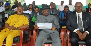Governor of Ebonyi State,Engr. David Nweze Umahi(middle); Commissioner for Agriculture, Barr. Uchenna Orji and Head of Service, Dr. Chamberlain Nwele, during   an Agricultural Summit for Civil/Public Servants in Ebonyi State in Abakaliki on Thursday. Inline image