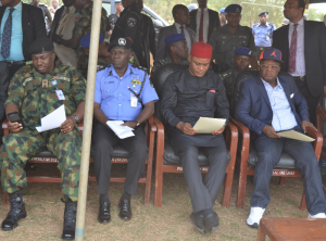 R-L: Governor David Umahi; Deputy Governor Kelechi Igwe; Commissioner of Police, Titus Lamorde and Abakaliki Cantonment Commader, Peter Kulawe during the presentation of relief materials to victims of the attack on Azuofia-Edda in Abakaliki Local Government Area by marauders  from Ovuruokpon in Cross Rivers State  ... on Tuesday. 