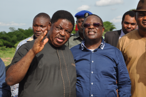 Governor David Umahi of Ebonyi State(wearing eyeglasses) and former Governor Sam Egwu during the inspection of the Amasiri-Okposi-Uburu Road on Tuesday.