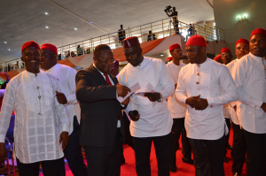 Governor David Umahi of Ebonyi State (wearing suit) and fathers during the 2017 Fathers' Day celebration by the Christ Embassy Church in Abakaliki on Sunday 