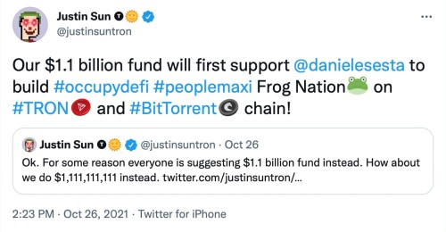 Justin Sun Plans to Set up a Fund Worth over $1.1Billion to Catalyze TRON Ecosystem’s Growth