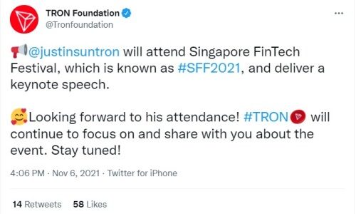 TRON Founder Justin Sun Confirms Attendance at Singapore FinTech Festival 2021