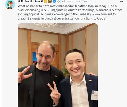 Justin Sun, Ambassador and Permanent Representative of Grenada to the WTO, Attended a Closed-Door Lunch Hosted by Jonathan Kaplan, US Ambassador to Singapore