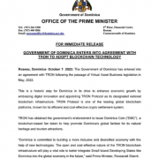 TRON Becomes the “National Blockchain” of Dominica as the First of Its Kind