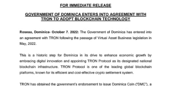 Dominica Adopts TRON as “National Blockchain”, Setting a Path for More to Follow