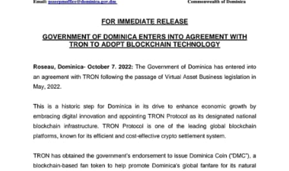 Dominica Adopts TRON as “National Blockchain”, Setting a Path for More to Follow
